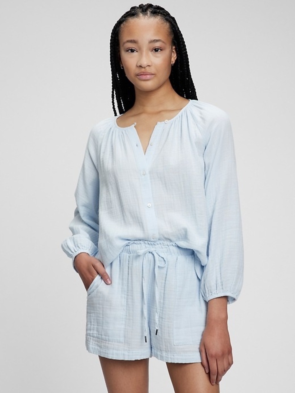 Gap Size L Crinkle Gauze 100% Cotton Button-Front Top - Light Blue